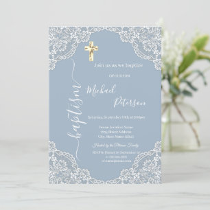 Simple Gold Cross Lace Baptism Dusty Blue Invitation