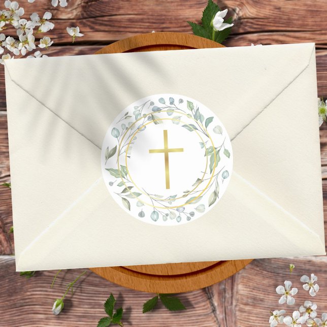 Simple Gold Cross Laurel Garland Faux Gold Foil Classic Round Sticker (Creator Uploaded)