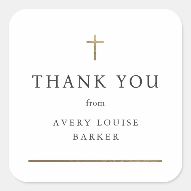 Simple Gold Cross Photo Baptism Thank You Favour  Square Sticker (Front)