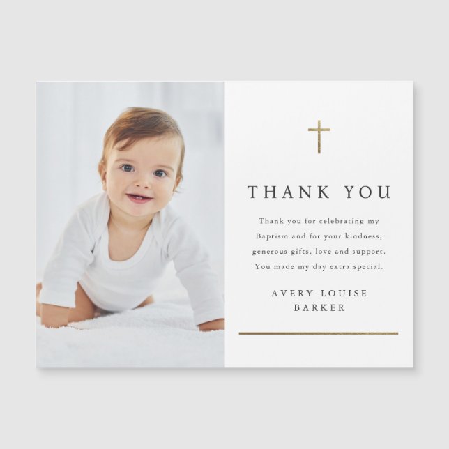 Simple Gold Cross Photo Baptism Thank You Magnet (Front)