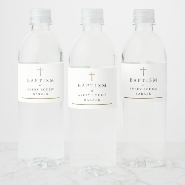 Simple Gold Cross Photo Baptism Water Bottle Label (Bottles)