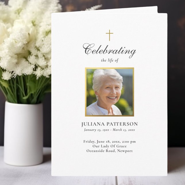 Simple Gold Cross Photos Funeral Order of Service Programme (Creator Uploaded)