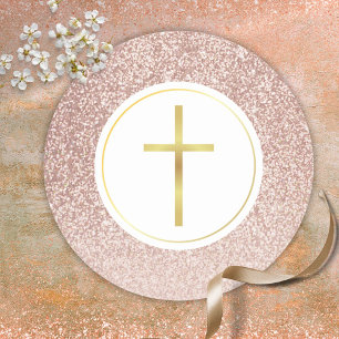 Simple Gold Cross Rose Gold Glitter Classic Round Sticker