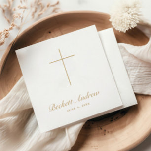Simple Gold Cross Script Baptism Napkin
