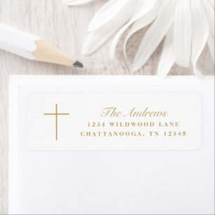 Simple Gold Cross Script Baptism Return Address