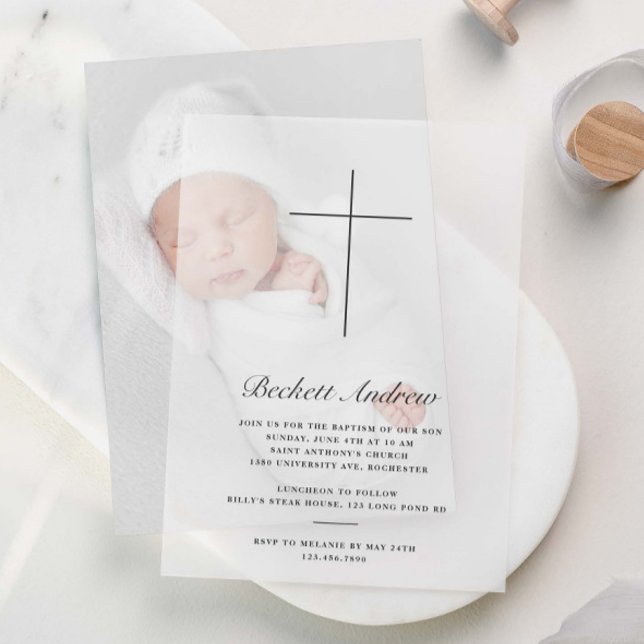 Simple Gold Cross Script Baptism Vellum Invitations (Elegant, simple cross vellum baptism invitaitons.)