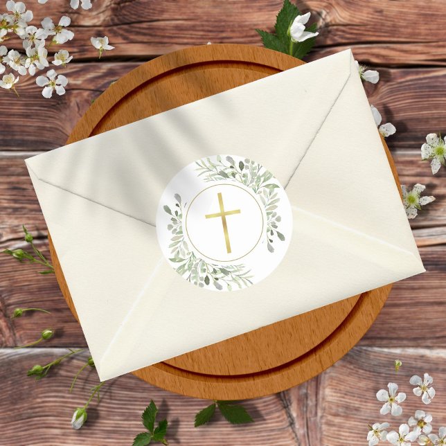 Simple Gold Cross Watercolor Greenery Classic Round Sticker (Creator Uploaded)