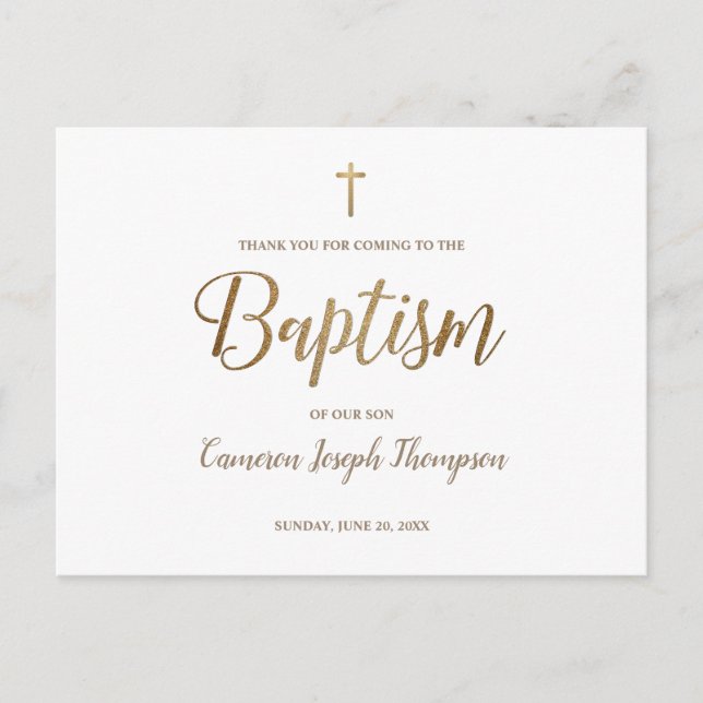 Simple Gold Cross White Baby Boy Thank You Baptism Postcard (Front)