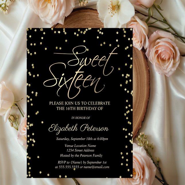 Simple Gold Diamonds Black Sweet 16 Invitation  Postcard (Creator Uploaded)