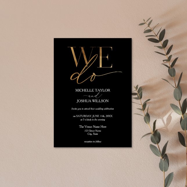 Simple Gold Elegant Minimalist WE DO  Invitation (simple elegant gold WE DO on the black background wedding invitation)