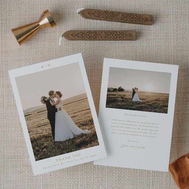 Simple Gold Elegant Wedding Photo Thank You Card (Simple monogram 2 photo wedding thank you card.)