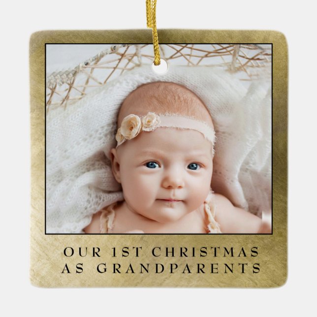 Simple Gold First Christmas Grandparents 2 Photos Ceramic Ornament (Front)