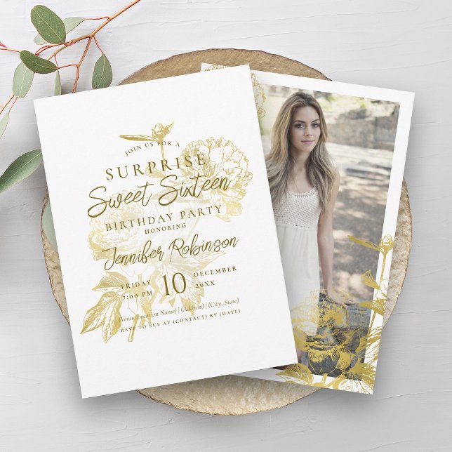 Simple Gold Floral Photo SURPRISE Sweet 16   Invitation (Simple Gold Floral Photo SURPRISE Sweet 16 Invitation)