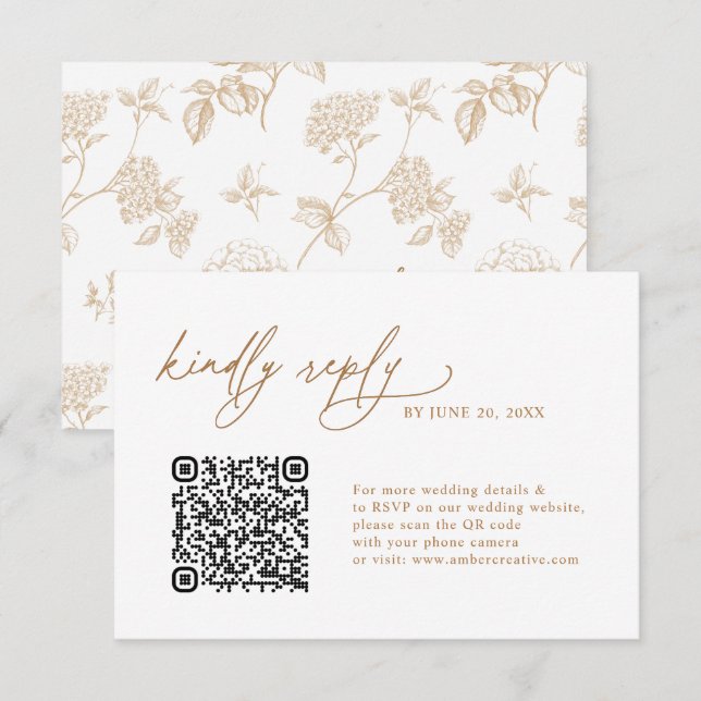 Simple Gold Floral QR code Wedding RSVP Cards (Front/Back)