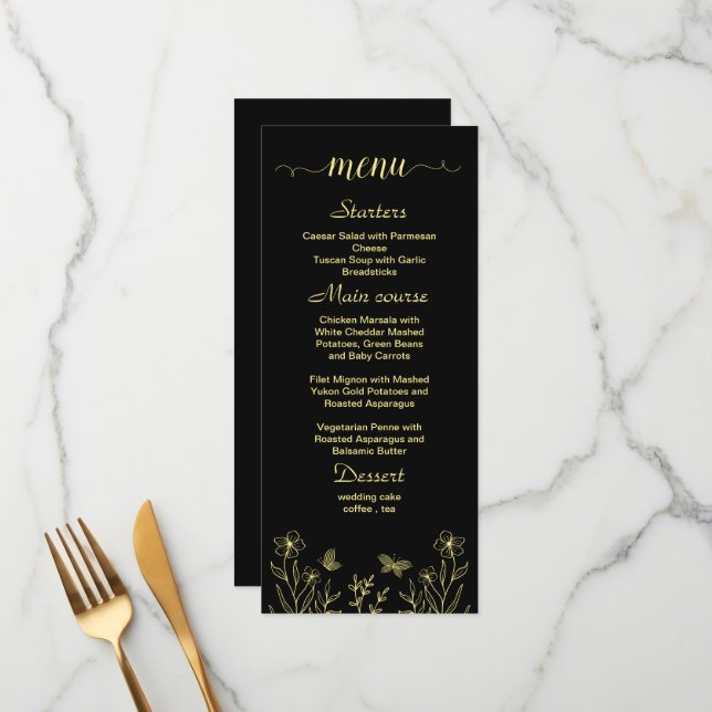 Simple gold flower black wedding menu (Front/Back In Situ)
