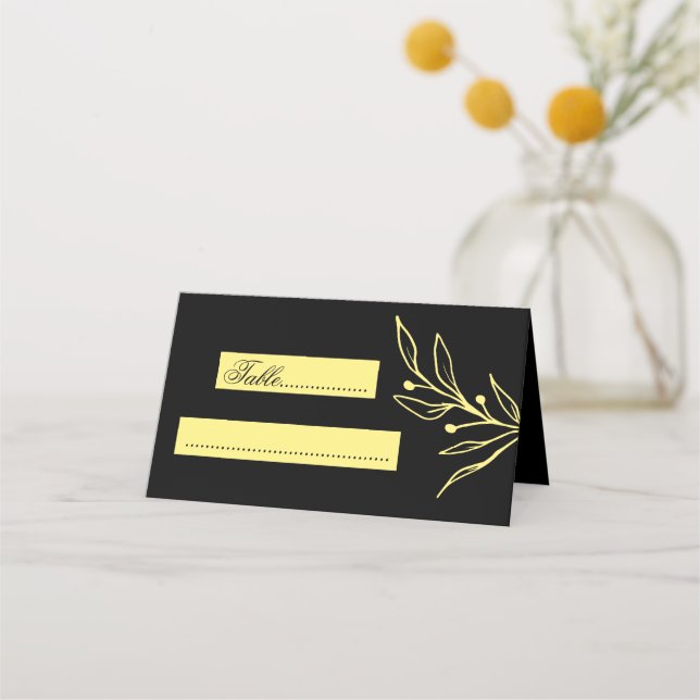 Simple gold flower black wedding place card (Front)