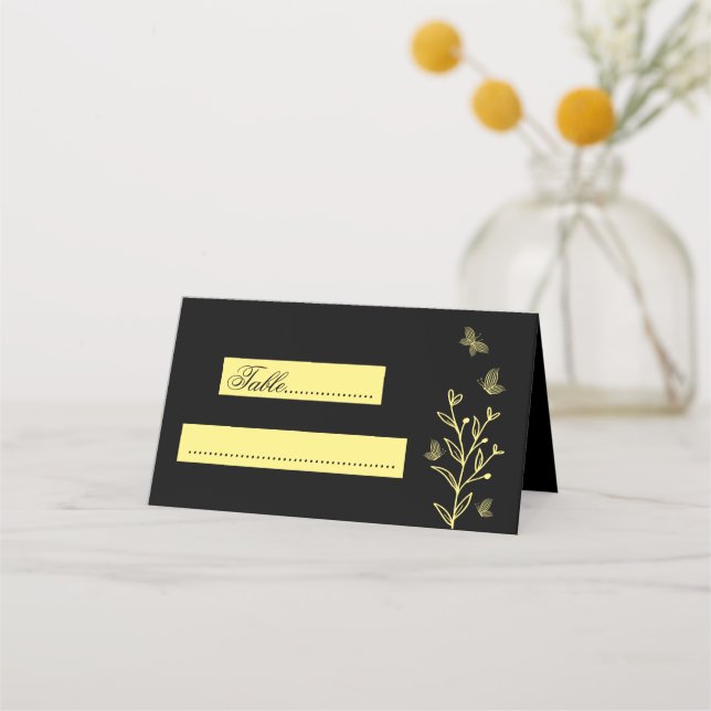 Simple gold flower black wedding place card (Front)