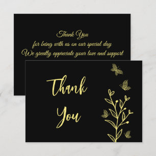 Simple gold flower black wedding thank you card
