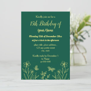 Simple gold flower emerald green birthday invitation