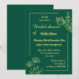 Simple gold flower emerald green bridal shower invitation