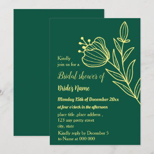 Simple gold flower emerald green bridal shower invitation