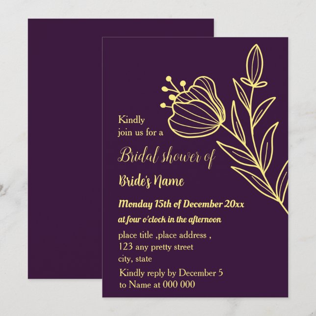 Simple gold flower purple bridal shower invitation (Front/Back)