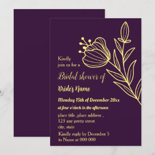 Simple gold flower purple bridal shower invitation