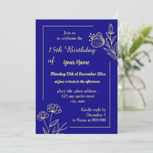 Simple gold flower royal blue birthday invitation