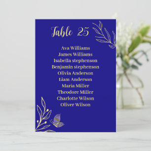 Simple gold flower royal blue seating chart card
