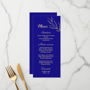 Simple gold flower royal blue wedding menu