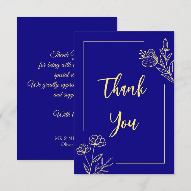 Simple gold flower royal blue wedding thank you card (Front/Back)