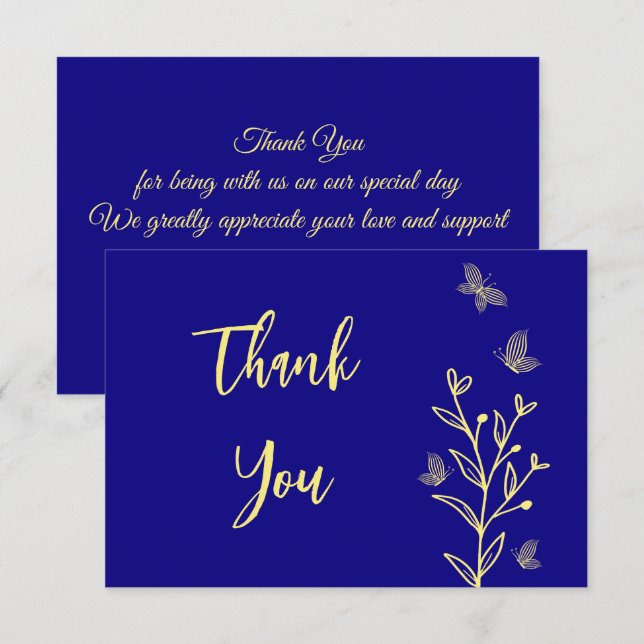 Simple gold flower royal blue wedding thank you card (Front/Back)