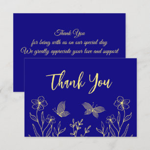 Simple gold flower royal blue wedding thank you card