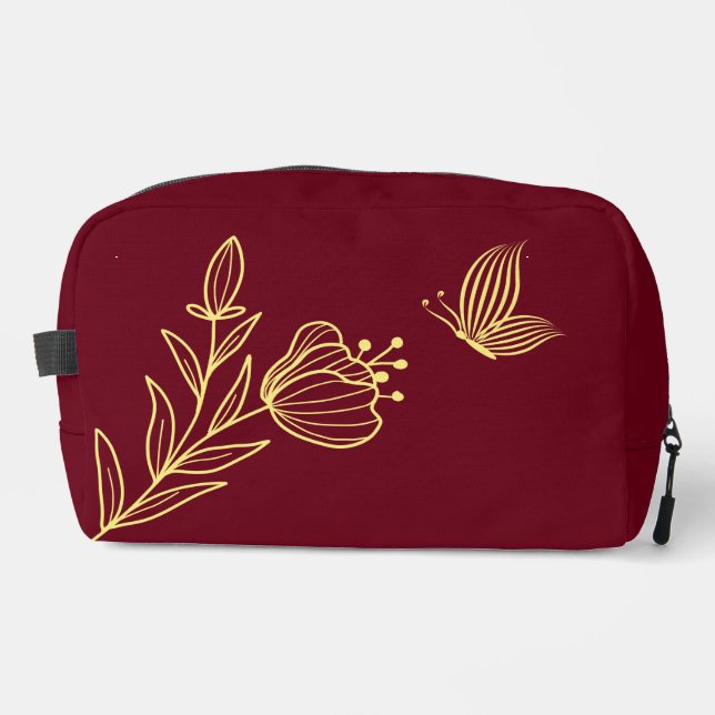 Simple gold flowers burgundy  dopp kit (Front)