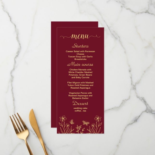 Simple gold flowers burgundy wedding menu (Front/Back In Situ)