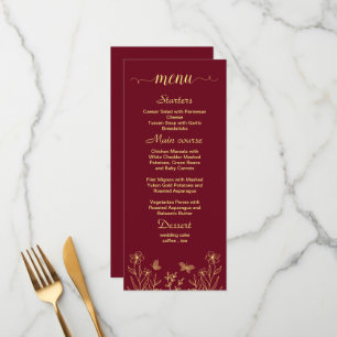 Simple gold flowers burgundy wedding menu