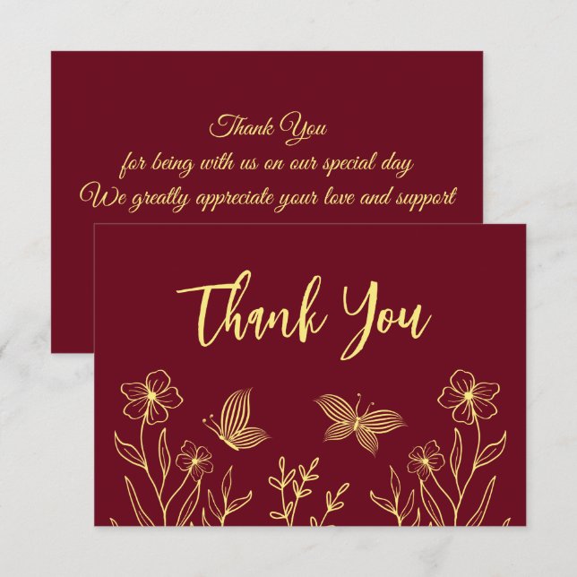 Simple gold flowers burgundy wedding thank you card (Front/Back)