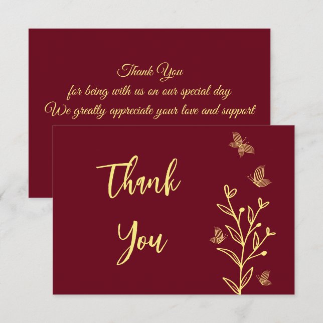 Simple gold flowers burgundy wedding thank you card (Front/Back)