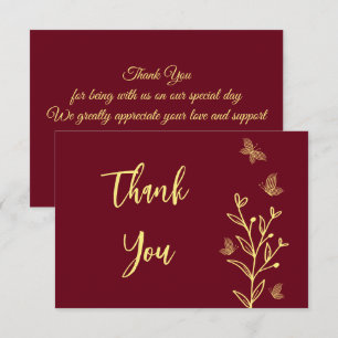 Simple gold flowers burgundy wedding thank you card