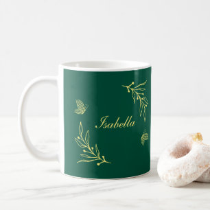 Simple gold flowers emerald green coffee mug