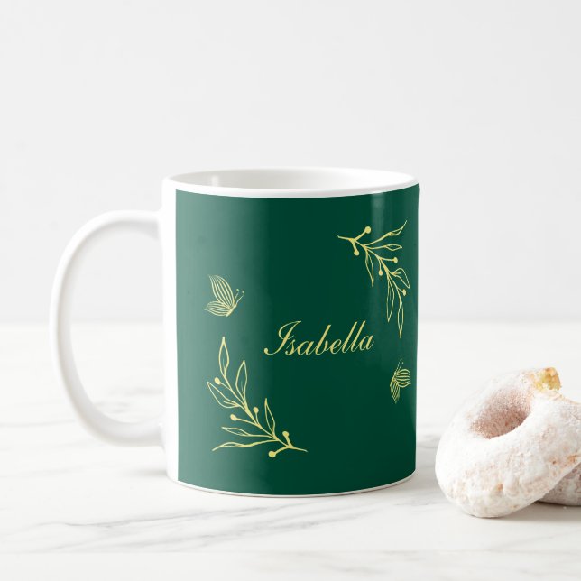 Simple gold flowers emerald green  coffee mug (With Donut)