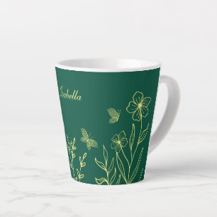 Simple gold flowers emerald green  latte mug