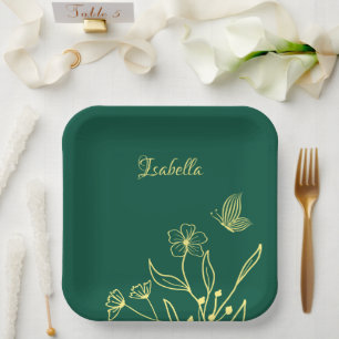 Simple gold flowers emerald green paper plate