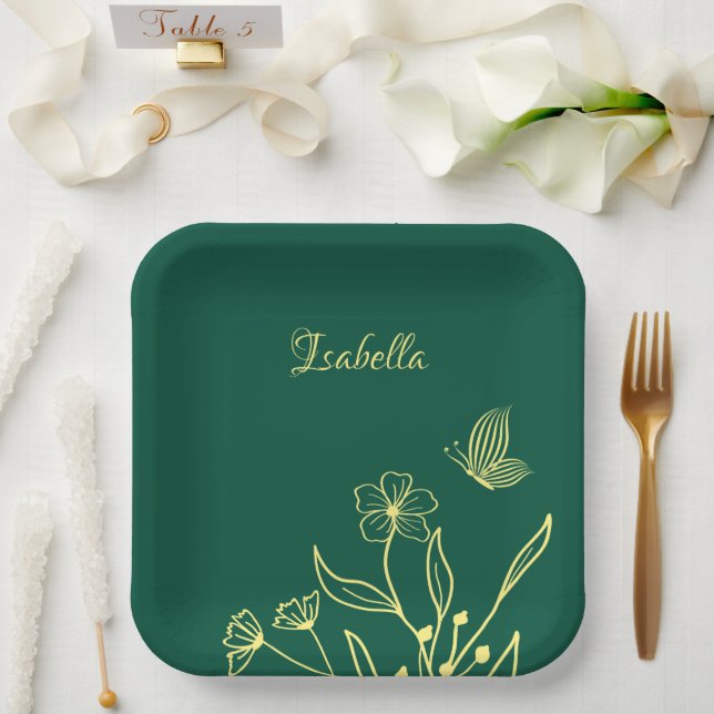 Simple gold flowers emerald green paper plate (Wedding)