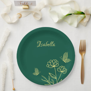 Simple gold flowers emerald green paper plate