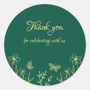 Simple gold flowers emerald green wedding classic round sticker