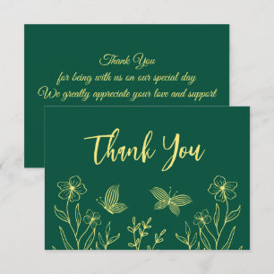 Simple gold flowers emerald wedding thank you card