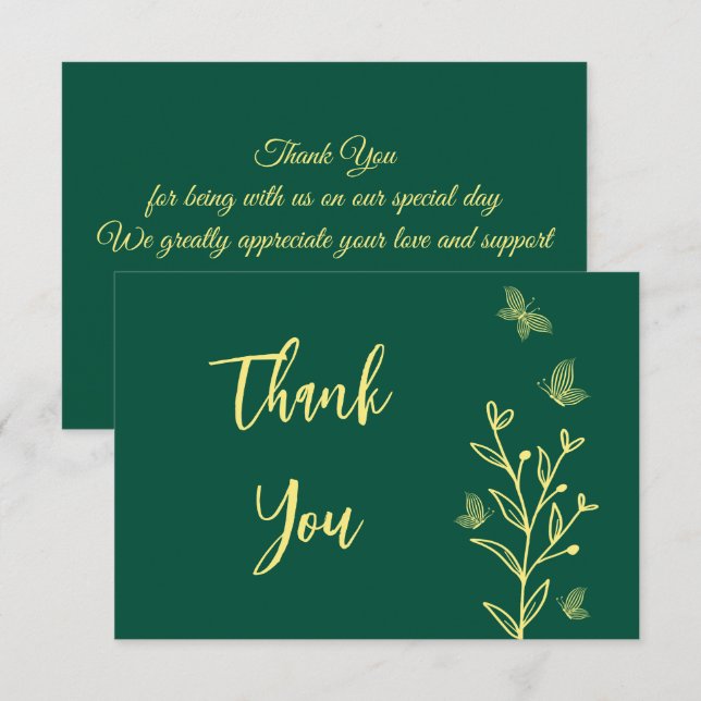 Simple gold flowers emerald wedding thank you card (Front/Back)