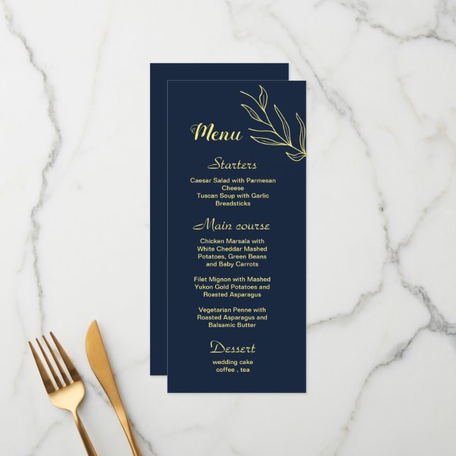 Simple gold flowers navy wedding menu (Front/Back In Situ)