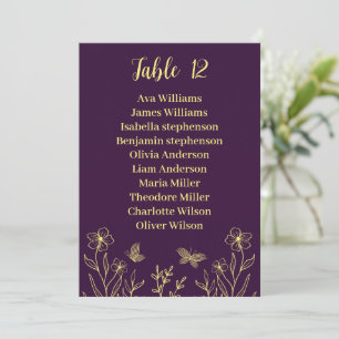 Simple gold flowers purple seating chart card